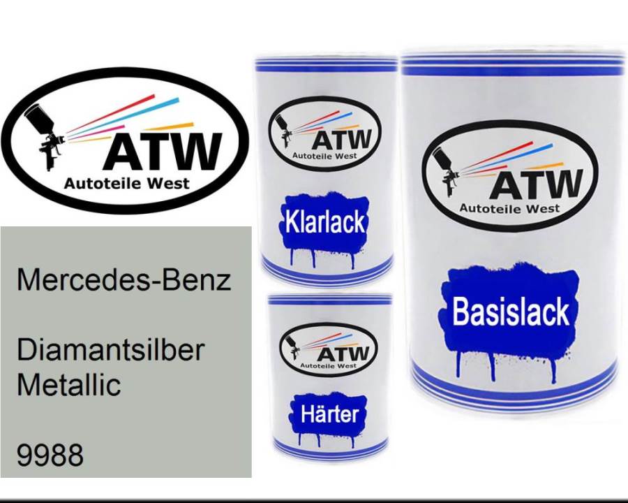 Mercedes-Benz, Diamantsilber Metallic, 9988: 500ml Lackdose + 500ml Klarlack + 250ml Härter - Set, von ATW Autoteile West.
